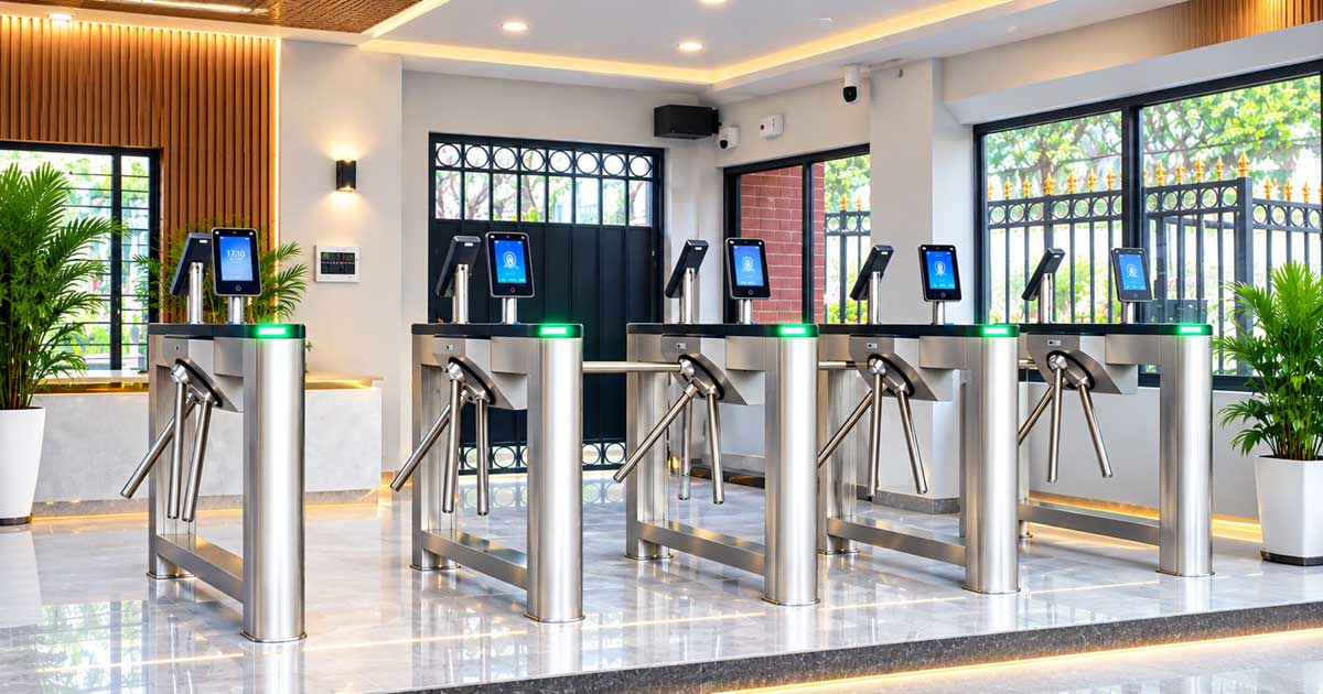 Modern Lobby Turnstile Entrance with ZKTeco Saturn-T1000 and SenseFace 7A